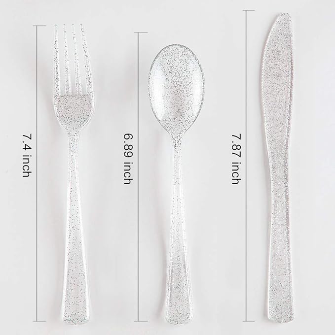 WDF 150pcs Silver Plastic Plates Disposable - Winter Wonderland Party Decorations include 50 Dinner And Salad Plates,25 Forks, 25 Knives, 25 Spoons& 10oz Plastic Cups