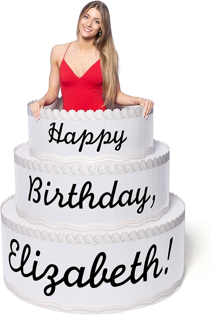Anderson's White & Black Personalized Pop-Out Birthday Cake, Life-Size Faux Cake with Fun Font, Custom Name, Surprise Reveal Prop for Milestone Parties, Photo Ops, Store or Business Events, 4'x4'