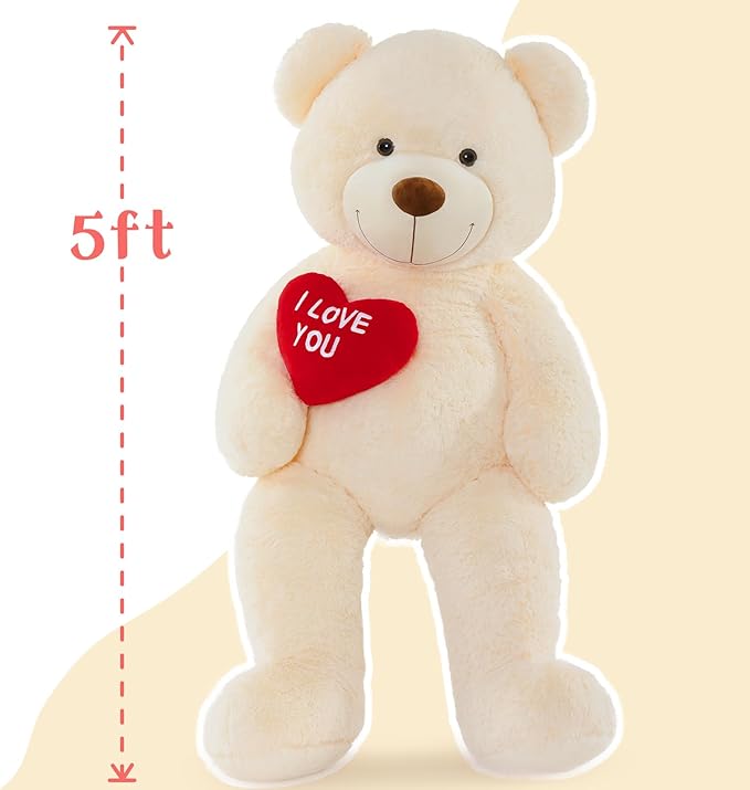 5Ft Giant Teddy Bear Stuffed Animal - Big Teddy Bear with Heart - Large I Love You Teddy Bear Plush Toys for Kid - Christmas Birthday Bear Gift for Girlfriend Wedding