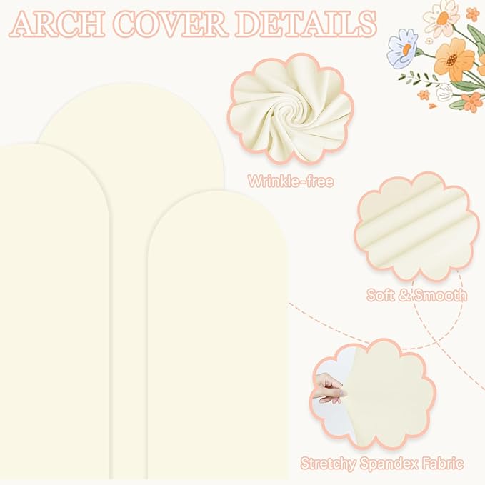 Wedding Arch Stand and Cover Set 6FT, 5FT, 4FT Metal Backdrop Stand Set of 3 with Ivory Arch Spandex Covers Balloon Arch Backdrop Stands Cover for Birthday Party Baby Shower Banquet Ceremony Decor
