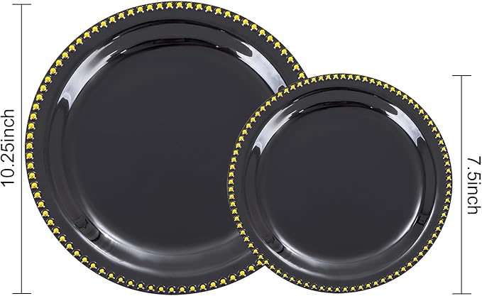 Rubtlamp 60Pcs Black Gold Plastic Plates, Black Disposable Plates With Gold Beaded, Heavyduty Plastic Plates, Halloween Plates Include 30 Dessert Platos, 30 Dinner Platos for Party