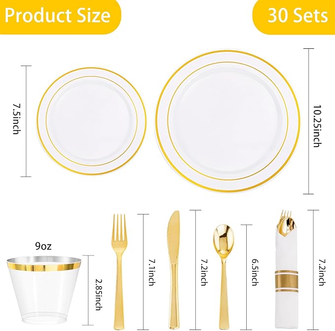 DaYammi 210PCS Gold Plastic Dinnerware Set Gold Plates Disposable Disposable Plates for Party Include: 30 Dinner Plates,30 Dessert Plates,30 Pre Rolled Napkins with Gold Silverware,30 Cups for Wedding