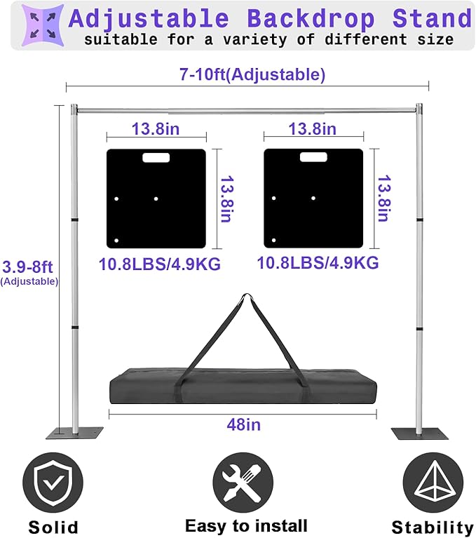 Backdrop Stand Heavy Duty 8x10Ft, Adjustable Metal Frame Pipe and Drape,Background Stand for Wedding Birthday Party Decorations (8x10Ft)