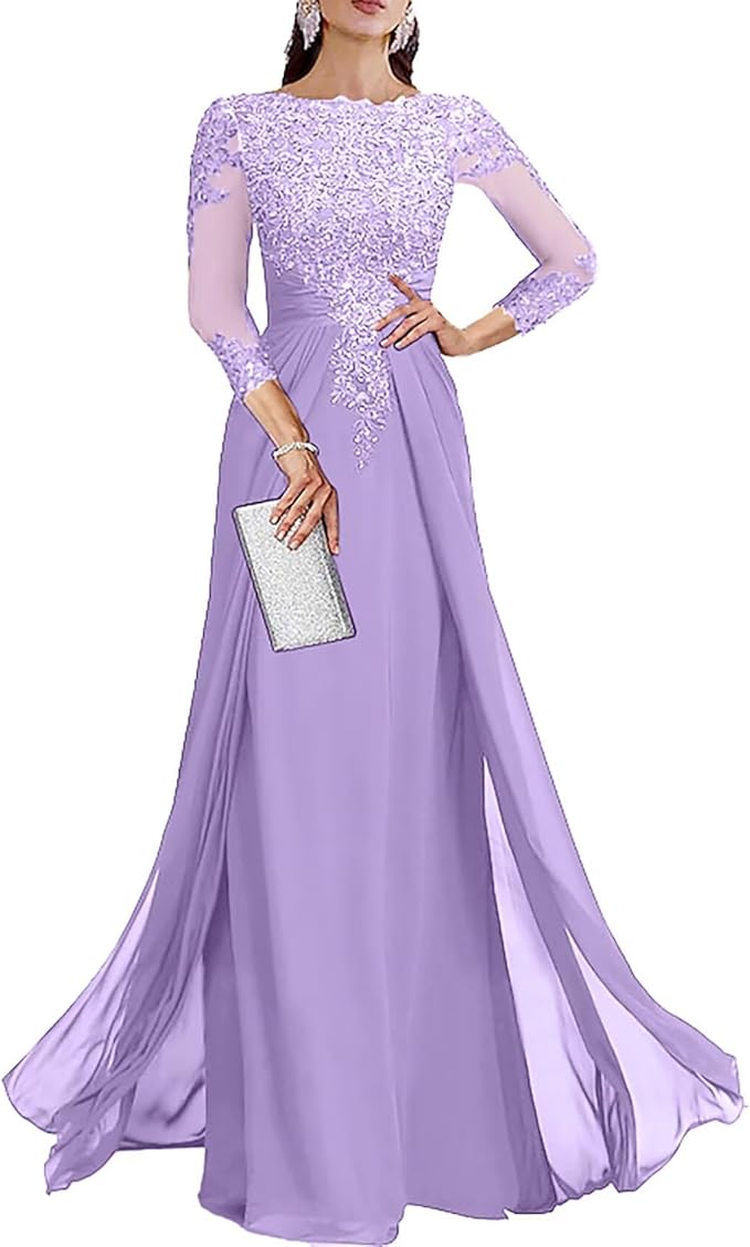 Long Sleeve Mother of The Bride Dresses for Wedding Lace Appliques Chiffon Formal Dress He6052