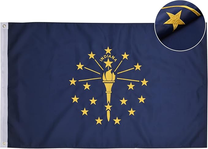 Indiana State Flag 6x10 Ft, Deluxe Full Embroidered Heavy Duty 100% Polyester Durable IN Outside Flags, Indoor/Outdoor, Sewn Stripes and Brass Grommets
