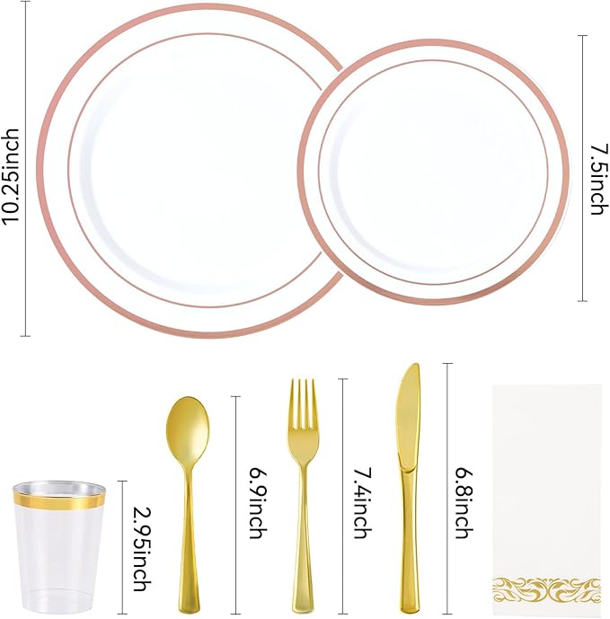 175 Pcs Rose Gold Disposable Plates for 25 Guests, Disposable Plastic Plates, Dinnerware Set Include 25 Dinner Plates, 25 Salad Plates,25 Cups, 25 Paper Napkins for Party, Wedding