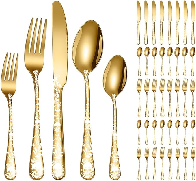 XIAOYU 40 Piece Halloween Skeleton Silverware Set, Tableware Cutlery Set Service for 8, Forks Knives Spoons Sets with Gothic Skull Flower Pattern, Stainless Steel Flatware Set Utensils for Kitchens