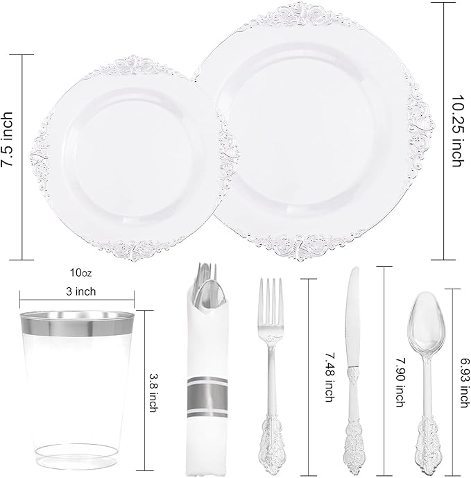 Morejoy 350PCS Clear Silver Plastic Plates - Silver Disposable Plates sets Include 50 Dinner Plates,50 Salad Plates,50 Forks,50 Knives, 50 Spoons，50 Cups, 50 Rolled Napkins for Wedding & Christmas