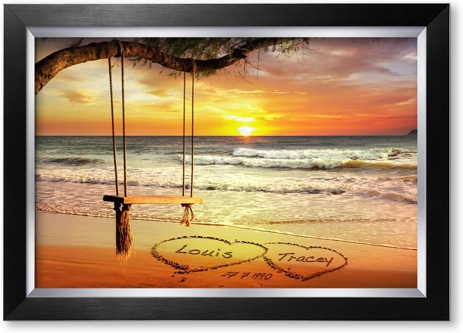 IPIC - "Eternal Love Personalized Framed Wall Art, Custom Beach Sunset Scene with Names and Date in Sand, A Personalized Gift for Couple, Wedding, or Anniversary, Coastal Home Decor