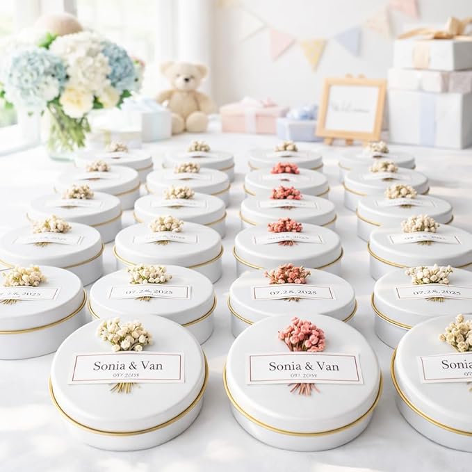 Personalized Scented Soy Wax Candle Favors with Dried Flowers, White Tin Guest Gifts for Weddings, Bridal & Baby Showers, Bulk Sets (10–200 Count)