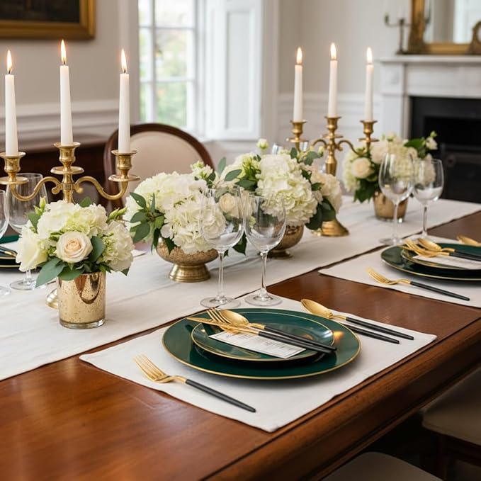 Liacere 150PCS Green Plastic Plates - Gold Plastic Silverware with Green Handle - Heavy Duty Fancy Plastic Plates Disposable Include 30 Guests Plates, Forks, Spoons, Knives for wedding＆Christmas