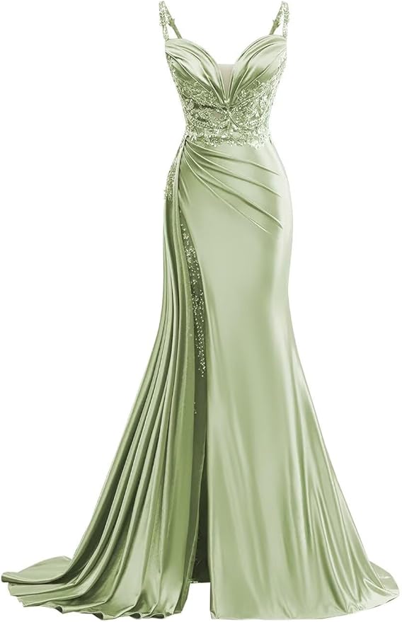 V Neck Satin Prom Dresses Long Mermaid Lace Evening Gown with Slit Pleated Bodycon Formal Dress with Tail