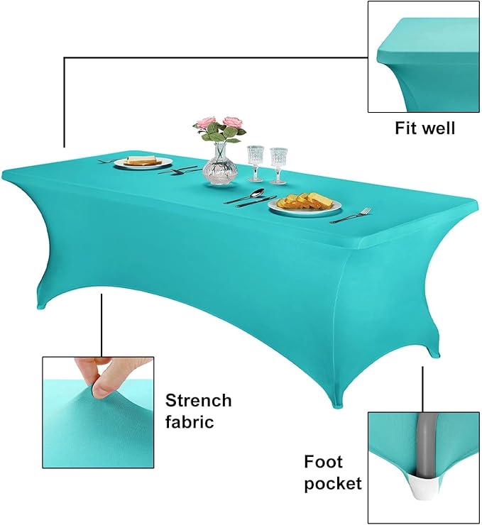 FORLIFE 4Pack Spandex Table Covers，Fitted Tablecloth for Rectangular Tables, Stretch Patio Table Covers, Universal Spandex Table Cover for Wedding, Banquet, Party (8ft, Turquoise)
