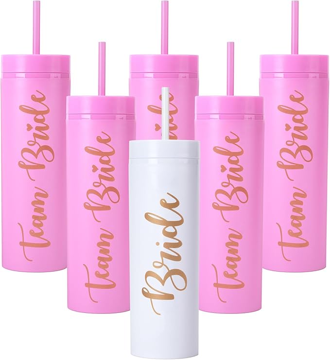 Bride to Be 6 Pack | Team Bride Tumbler - 16 oz Bachelorette Party Cups & Games (Pink)