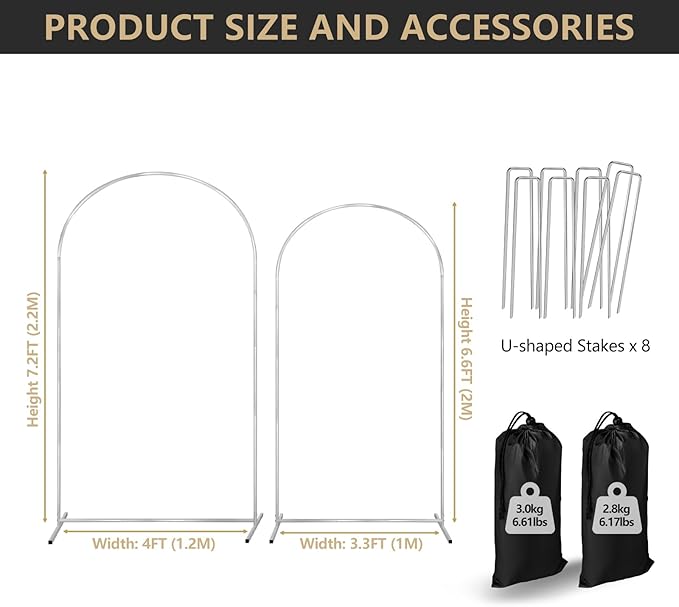 Wedding Arch Backdrop Stand Set of 2 Metal Balloon Arch Stand 7.2FT & 6.6FT Backdrop Frame for Birthday Party Wedding Ceremony Bridal Baby Shower Event Decor, White