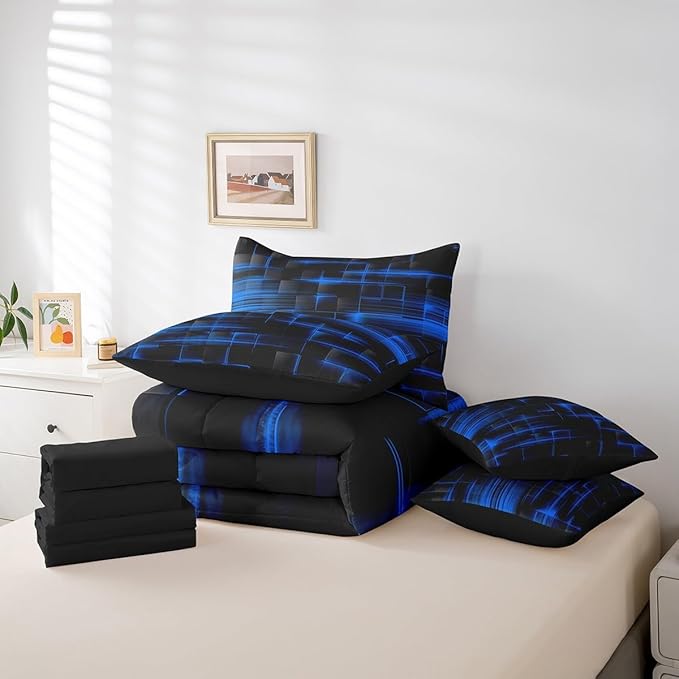 Feelyou Blue Black Bedding Set Twin Size Boys Girls Geometric Strip Lines Comforter Set with Sheets 7 Piece forBed in a Bag Abstract Modern Bed Set with Comforter,Sheets,Pillowcases