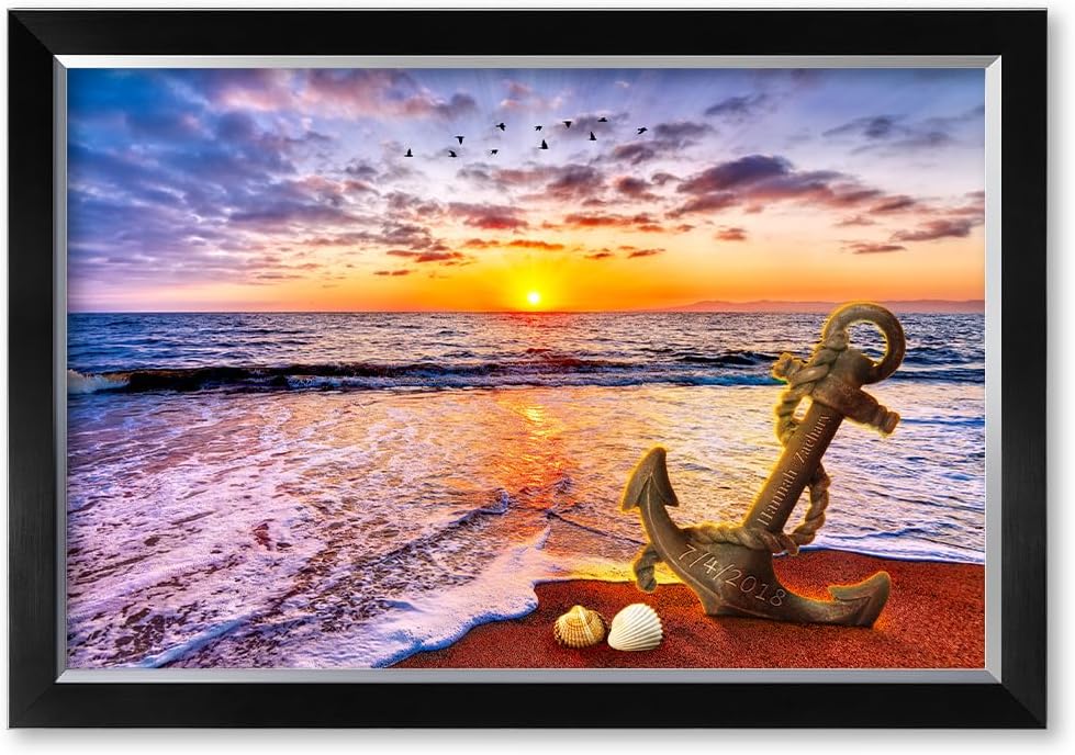 IPIC - "Anchored in Time Personalized Framed Wall Art, Custom Beach Sunset Canvas Print with Name and Date, A Personalized Gift for Couple, Wedding, or Anniversary, Coastal Home Decor