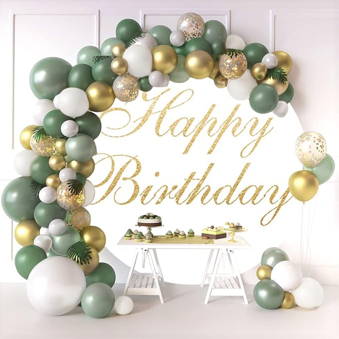 OERJU Happy Birthday Round Backdrop Cover White and Gold Birthday Party Photography Background Adult Kids Birthday Party Decoration Circle Backdrop Cover Cake Table Banner Photo Shoot Props 6ft