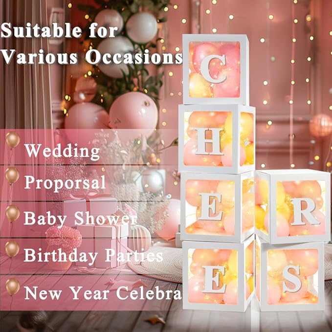Ledido Transparent Balloon Boxes, Clear Balloon Boxes with 6 Pcs String Lights and 78 Letters for Baby Shower Gender Reveal 2026 New Year Grad Party Birthday Anniversary Bridal Decor - 6 White Boxes