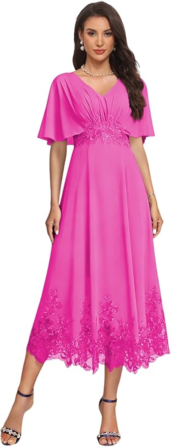 Tea Length Mother of The Bride Dress with Sleeves Laces Formal Evening Gowns for Wedding V Neck Wedding Guest Gown ZMX37