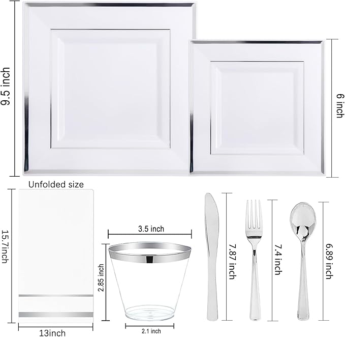 Festiva 350Pcs Silver Plates - Silver Square Plastic Plates 9 .5" and 6" - serve for 50 guests include 50 Cups 50Plastic Cutlery 50Hand Napkins Perfect for Party&Wedding&Birthday