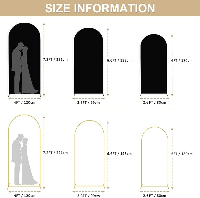 6FT 6.6FT 7.2FT Metal Arch Stand and Cover Set of 3 Black Arch Stand Cover Round Top Arch Backdrop Stand with Spandex Arched Cover Stretchy for Birthday Party Ceremony Graduation Decor