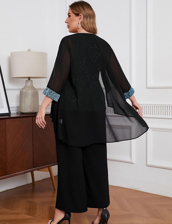 ZOMVA Plus Size 3 Piece Formal Pantsuit Sparkly Chiffon Jacket Set Dressy Outfit Mother of The Bride Groom Wedding Cocktail