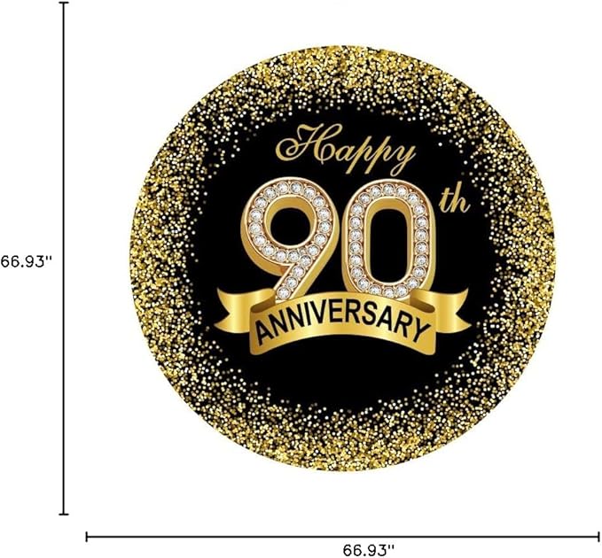 5.5x5.5ft Happy 90th Anniversary Round Backdrop Cover Black Gold Happy 90th Years Wedding Anniversary Party Background Luxurious Sequins Sparkle Dots Diamond Ribbon Circle Backdrop Arch Decor