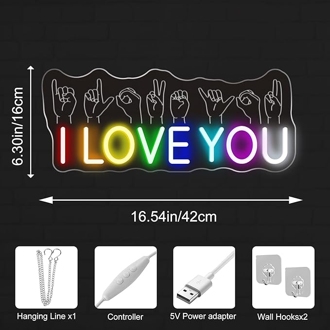 I Love You Neon Sign - 5-Level Dimmable USB Rainbow Neon Signs & Valentine's Day Decor, Ideal for Weddings, Parties, Bedrooms, Romantic Light Up Wall Art