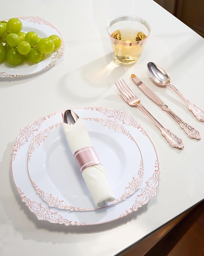 Goodluck 350 Piece Rose Gold Plastic Dinnerware Set for 50 Guests,Fancy Disposable Plates,Include: 100 Rose Gold Rim Plastic Plates,150 Silverwares,50 Pre Rolled Napkins,50 Cups for Party,Wedding