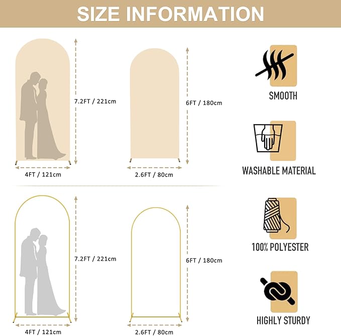 6FT 7.2FT Metal Arch Stand and Cover Set of 2 Beige Arch Stand Cover for Round Top Stands for Bridal Baby Shower Spandex Arch Stand Cover for Birthday Party Wedding Ceremony Decorations