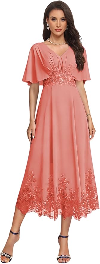 Tea Length Mother of The Bride Dress with Sleeves Laces Formal Evening Gowns for Wedding V Neck Wedding Guest Gown ZMX37