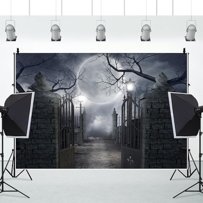 Halloween Night Backdrop Full Moon Cemetery Horrible Gloomy Forest Background Banner Spooky Theme Party Studio Photography Decoration Backdrops 8x6FT Wallpaper