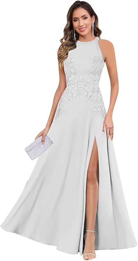 GUKARLEED Halter Lace Appliques Mother of The Bride Dresses for Women Long A-line Formal Wedding Guest Dress with Slit