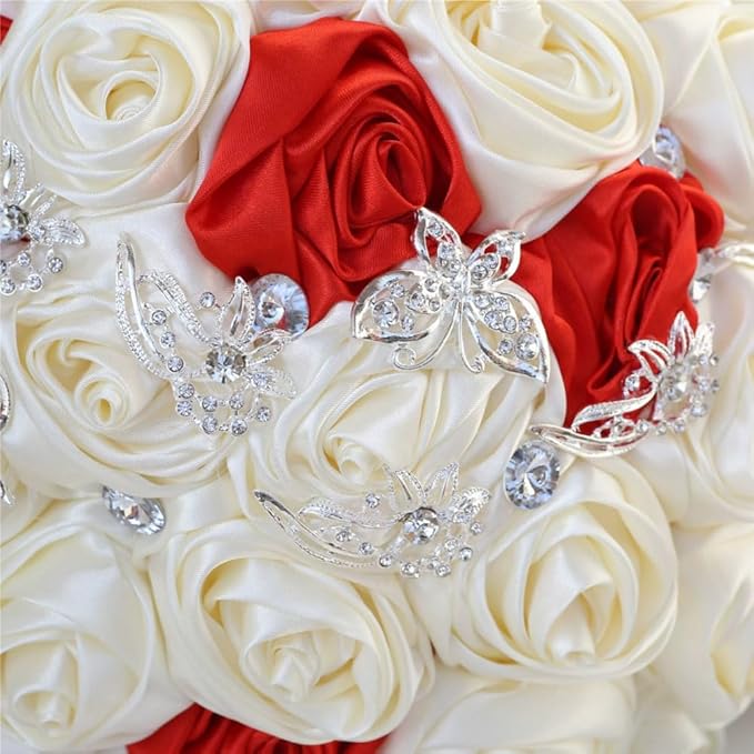 Red and Ivory Wedding Bridal Bouquet Handmade with Rhinestone Brooch Satin Rose Flower Bouquet for Bride Bridesmaid Quinceanera Bouquet Wedding Red and Ivory 9.8in