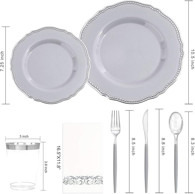 Hioasis 175pcs Grey Plastic Plates&Silver Disposable Silverware with Grey Handle&Clear Cups&Napkins Served for 25 Guests-Grey and Silver Dinnerware for Weddings&Parties,Holiday Events