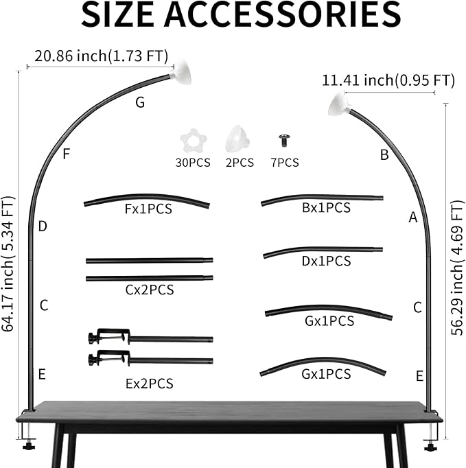Metal Balloon Arch Kit for Tabletop, 5.3Ft & 4.7Ft Over The Table Rod Stand with Clamps and Flower Half Arch Balloon Stand for Garden Wedding, Party, Birthday, Baby Shower, Decorations Black