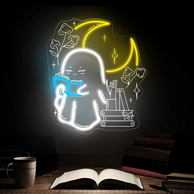 Ghost Reading Book Neon Sign Boo Reading Books Bedroom LED Lights Wall Decoration Neon Sign Decoration, Gift for Bookworm, 14.8"x13", Ice Blue