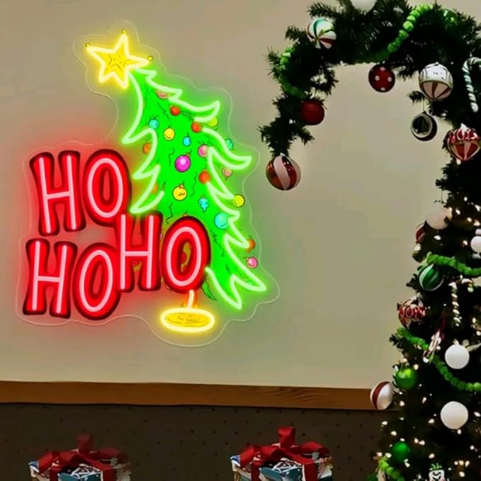 Merry Christmas Custom Neon Sign Wall Decor, HoHoHo Christmas Tree For Her, Personalized Gift USB Size:17x17inches