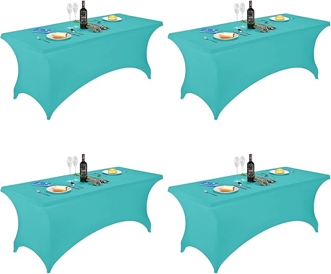 FORLIFE 4Pack Spandex Table Covers，Fitted Tablecloth for Rectangular Tables, Stretch Patio Table Covers, Universal Spandex Table Cover for Wedding, Banquet, Party (6ft, Turquoise)