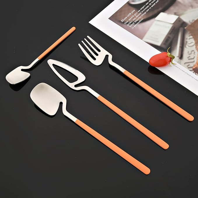 JASHII Silverware Set - 24-Piece Stainless Steel Flatware Set with Satin Finish - Dishwasher Safe - Matte Orange Silver