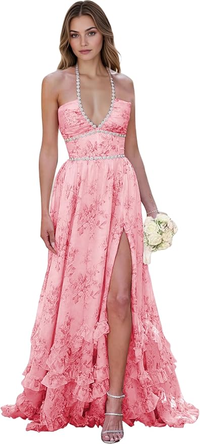 Floral Printed Chiffon Prom Dress for Carmen 2025 Long V Neck Floor Length Photoshoot Dress with Side Slit Ruched