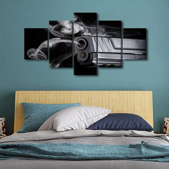 5 Pieces Canvas Prints Wall Art - Gun Canvas Wall Art Gun Fire Smoke Painting Picture Artwork/Modern Wall Decor/Home Decoration Stretched Gallery Canvas Wrap Giclee Print & Ready to Hang 60x32 in