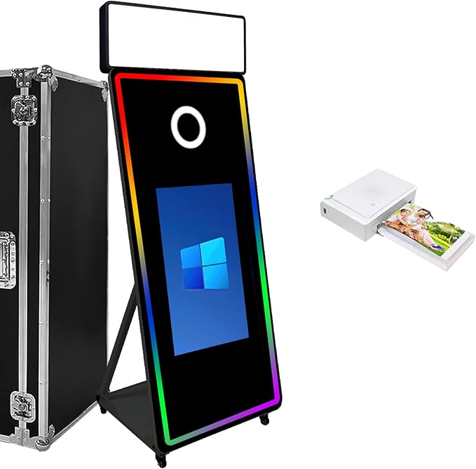 Magic Mirror Photo Booth,Mirror Photo Booth Interactive Touch Screen with Flight Case, Built-in Mini PC with Instant Print and Sharing for Event Party Wedding Rental (Black, 32''Screen+Printer)