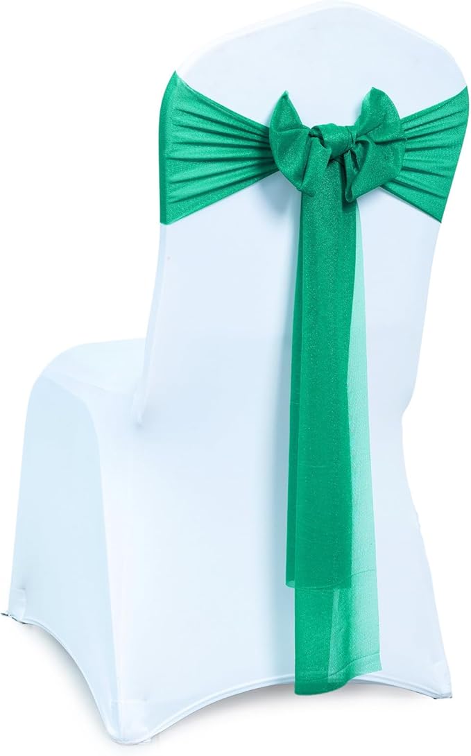 VDS Pack of 75, Emerald, Sheer Chiffon Chair Sashes Bows Chair Cover Back Tie Ribbon for Wedding Birthday Baby Shower Engagement Ceremony Event Party Banquet Restaurant Dining Chair Decoration