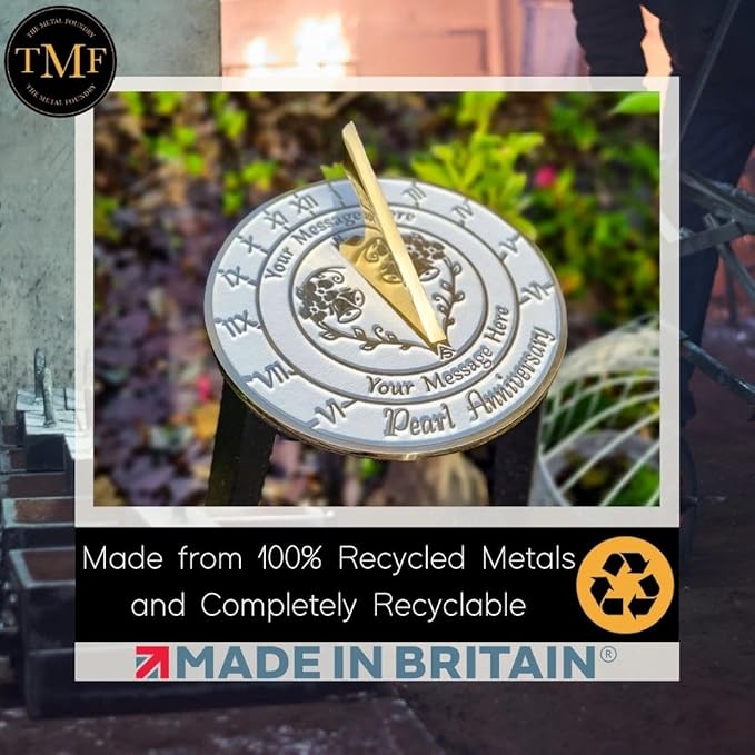 The Metal Foundry Personalized Pearl 30th Large Sundial - Recycled Brass Home Decor Or Garden Present Idea Made in The UK for Parents, Grandparents, Friends, Couples 30 Years Marriage