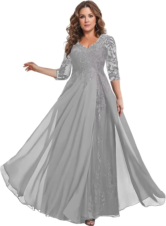 Long Sleeve Mother of The Bride Dress for Wedding Chiffon Lace Applique Formal Gowns BOF163