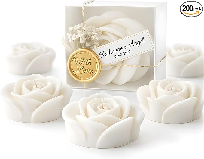 White Rose Petal Soy Wax Candles in Bulk – Rose Candle Wedding Favors for Guests, Personalized Candle Favors for Bridal Shower & Baby Shower Gifts – Dried Flower & Wax Seal Design (200 Pieces)