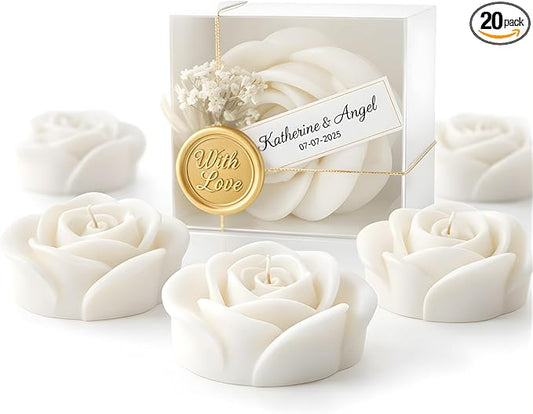 White Rose Petal Soy Wax Candles in Bulk – Rose Candle Wedding Favors for Guests, Personalized Candle Favors for Bridal Shower & Baby Shower Gifts – Dried Flower & Wax Seal Design (20 Pieces)