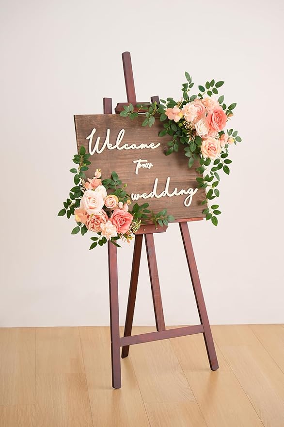 2pcs Dusty Pink Artificial Flower Swags Decor Wedding Welcome Sign Easel Board Rose Eucalyptus Garland for Outdoor Party Ceremony Backdrop Reception Entryway Table Decor Faux Floral
